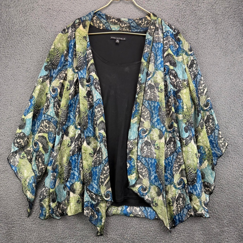 Sara Michelle Women 2X Blue Green Paisley Open Front Kimono Cardigan Layered Top